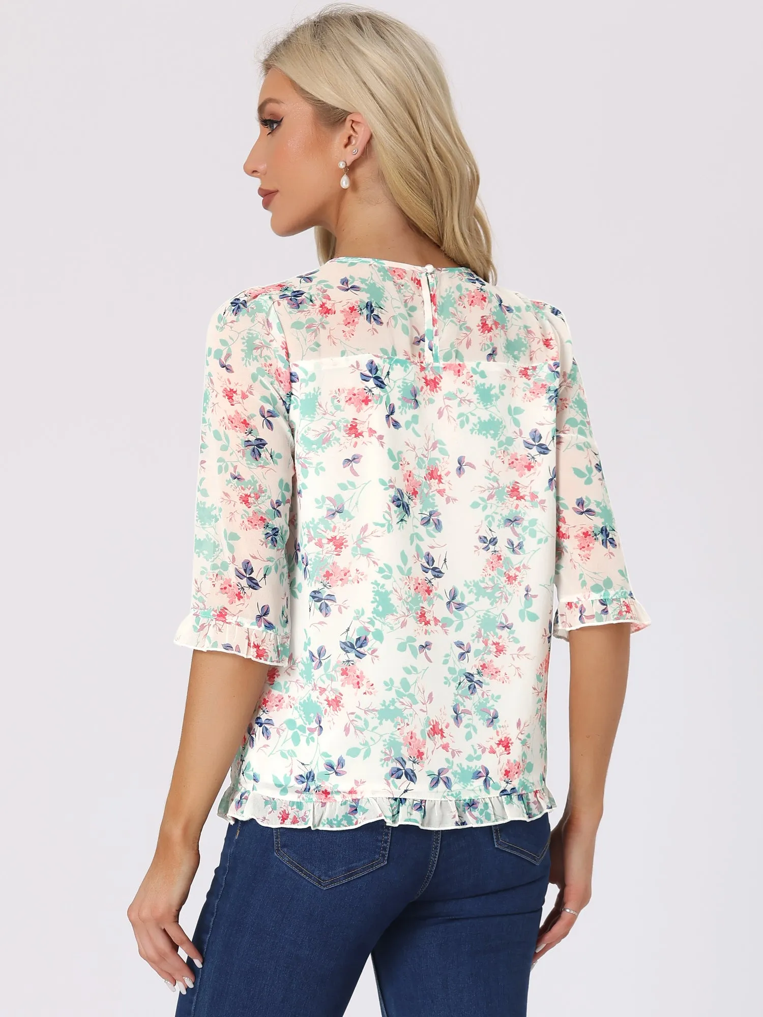 Casual Ruffle Floral Print 3/4 Sleeve Chiffon Blouse