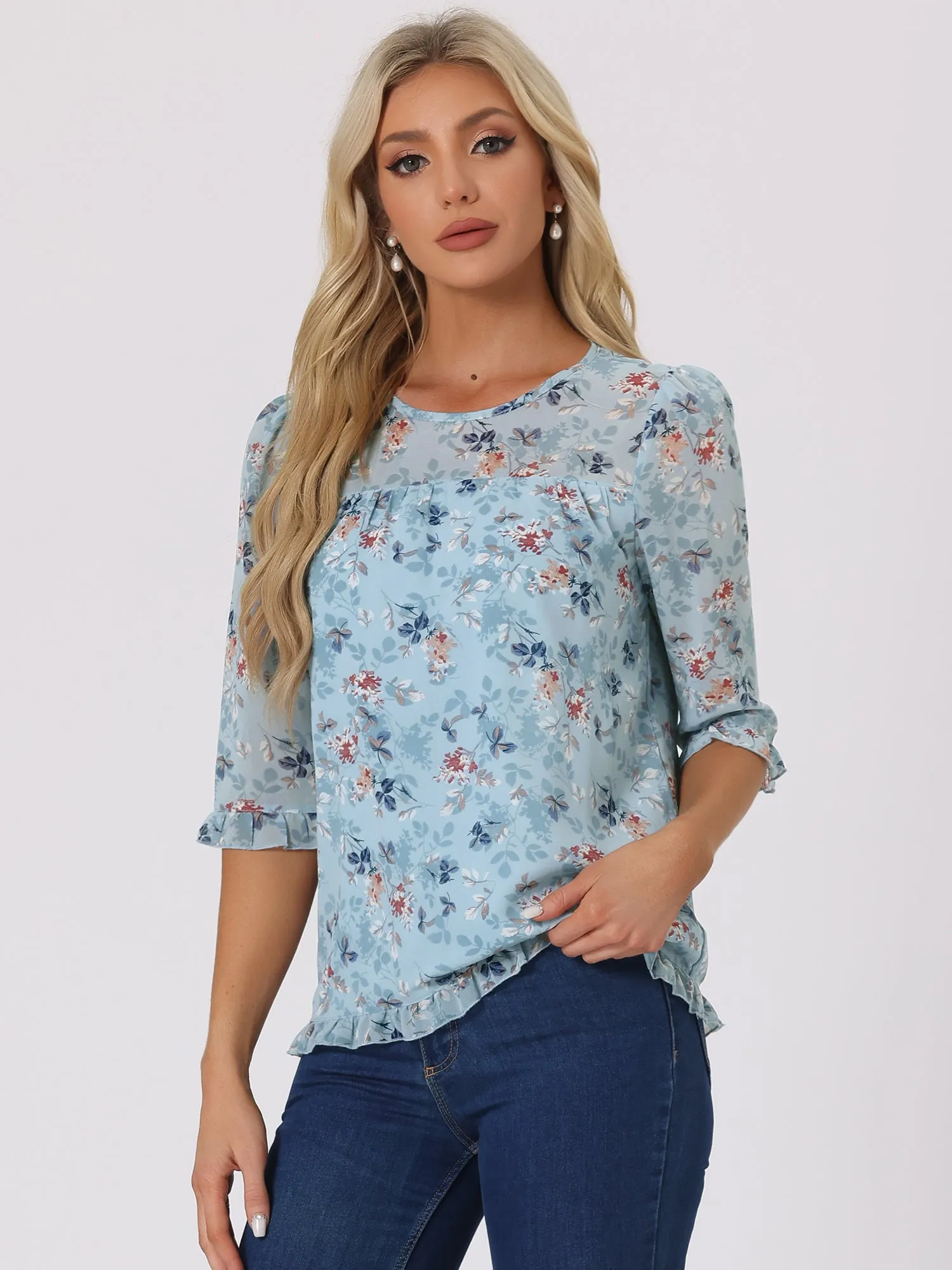 Casual Ruffle Floral Print 3/4 Sleeve Chiffon Blouse