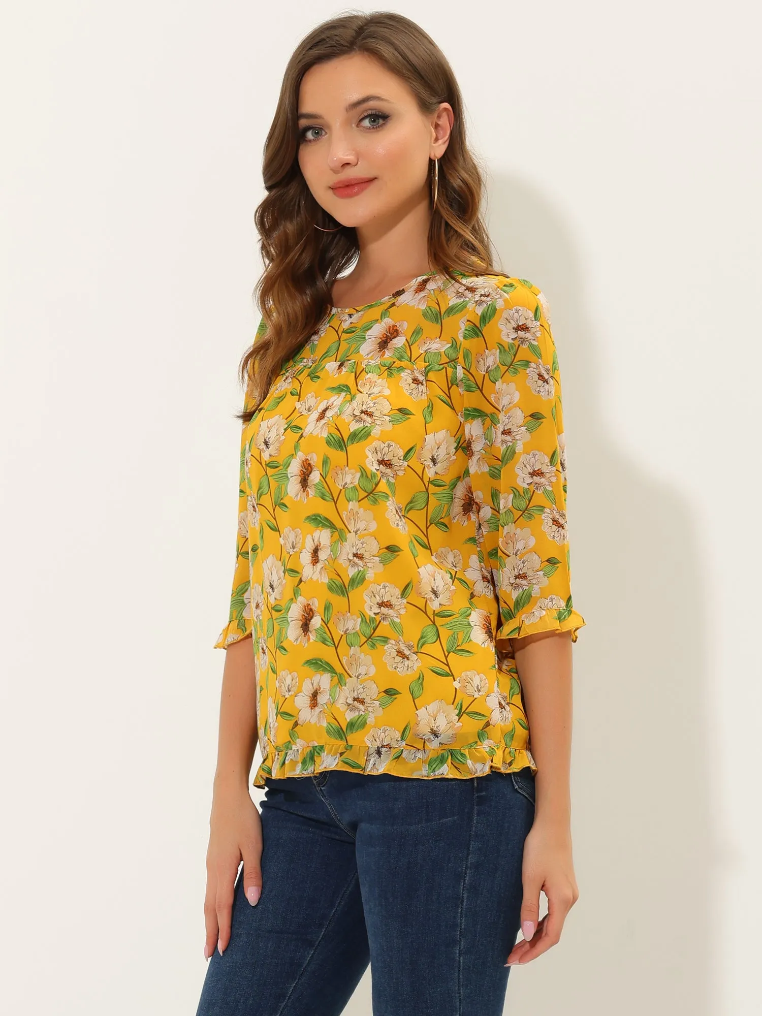 Casual Ruffle Floral Print 3/4 Sleeve Chiffon Blouse