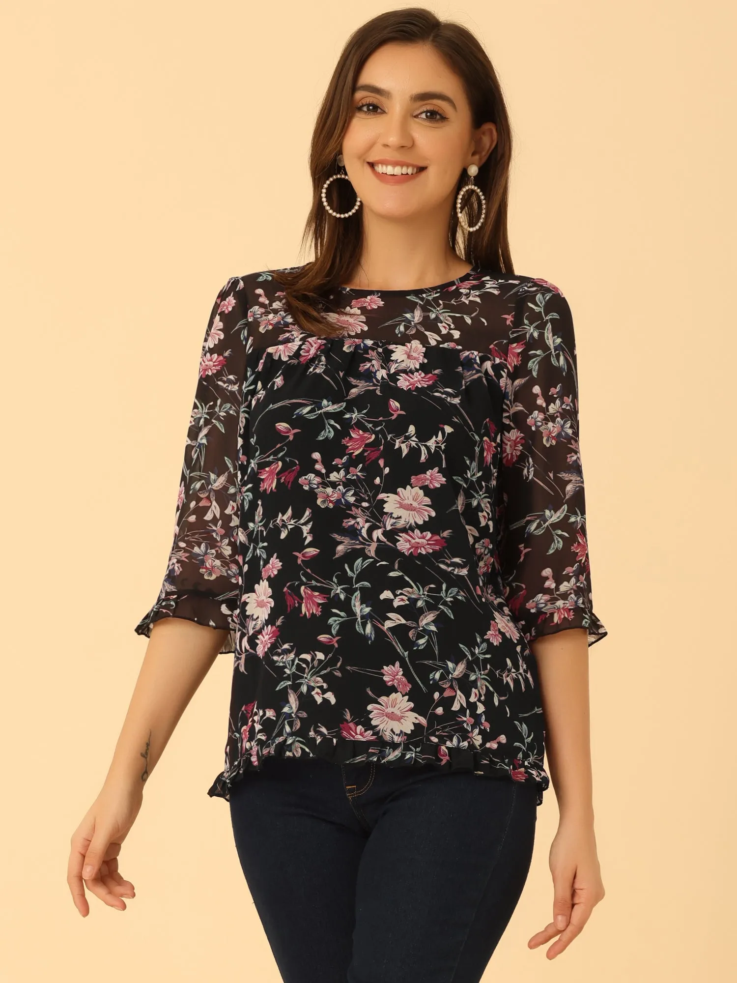 Casual Ruffle Floral Print 3/4 Sleeve Chiffon Blouse