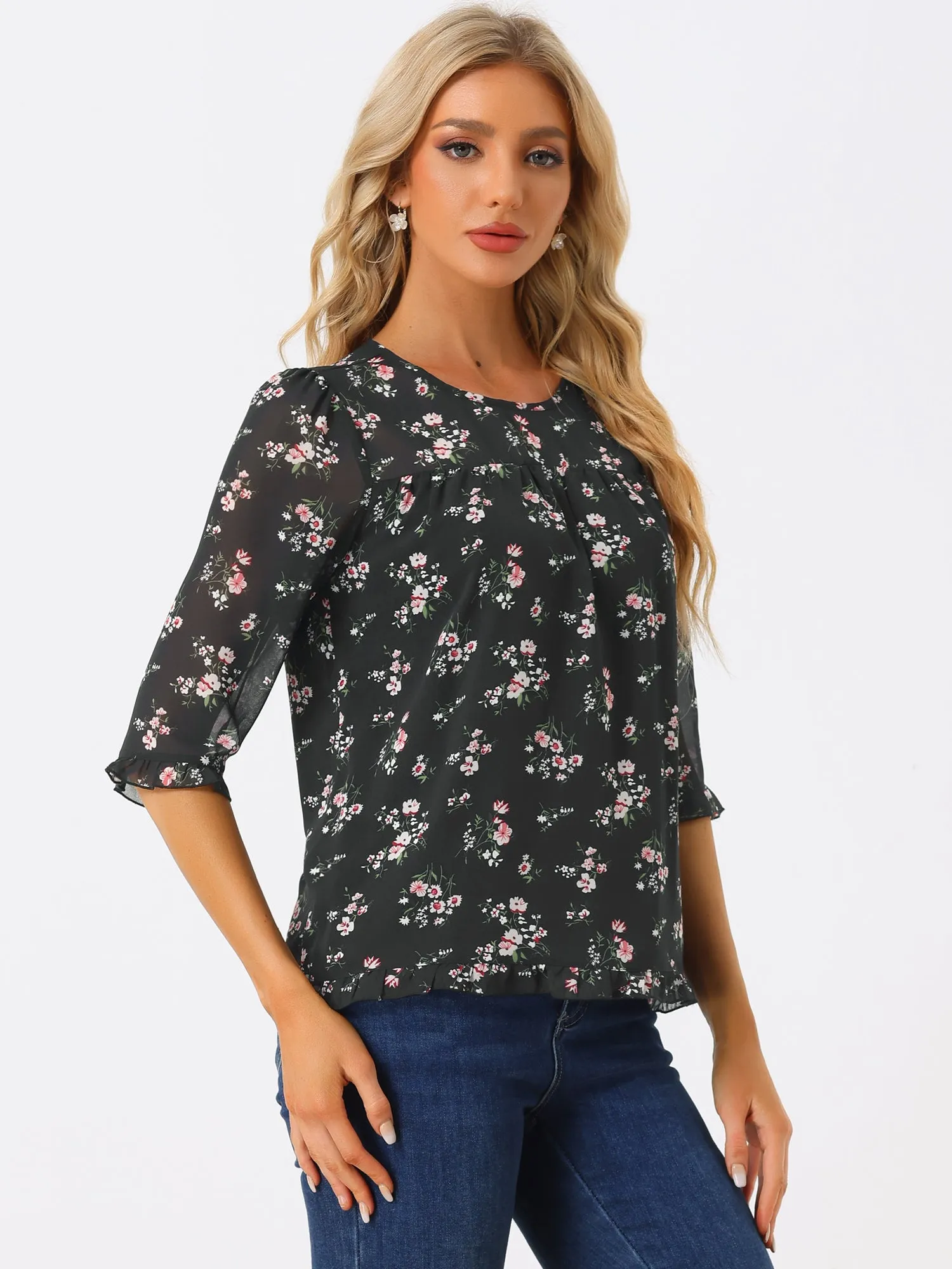 Casual Ruffle Floral Print 3/4 Sleeve Chiffon Blouse