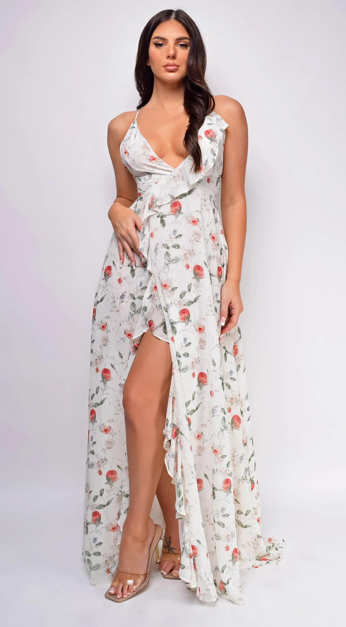 Celea White Floral Print Surplice Ruffle Maxi Dress