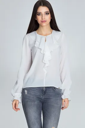 Chic Ruffled Sleeve Blouse with Buttoned Jabot Accents