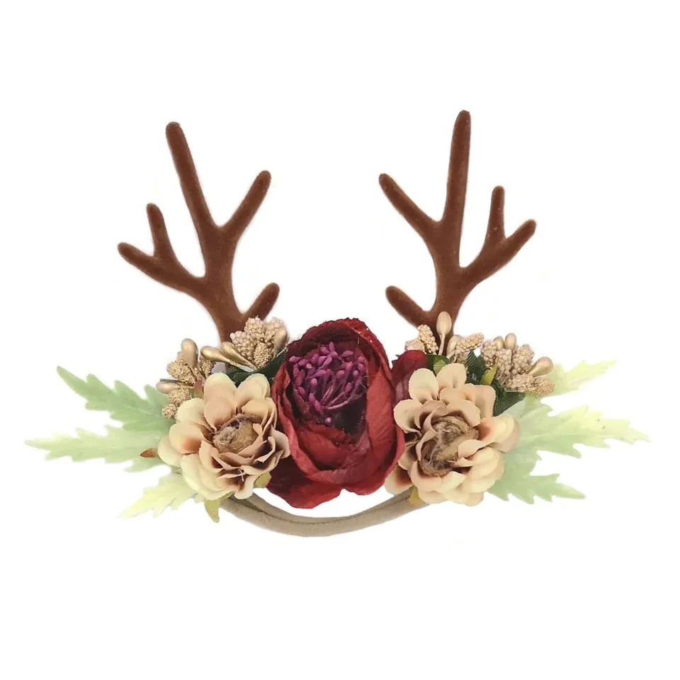 Christmas Holiday Antler Reindeer Floral Baby Girls Headband - Burgundy (Style 1)