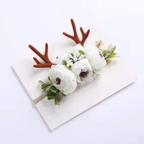 Christmas Holiday Antler Reindeer Floral Baby Girls Headband - White (Style 6)