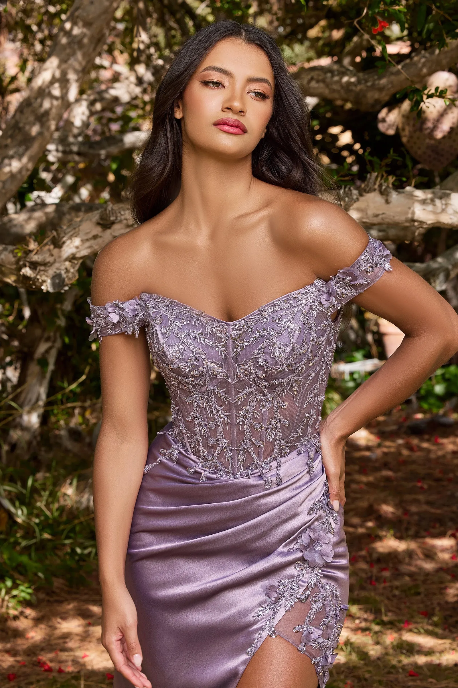 CINDERELLA DIVINE CD0186 3D Floral Off-Shoulder Corset Gown