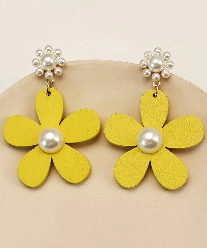 Classy Yellow Daisy Floral Pearl Drop Earrings LY1806