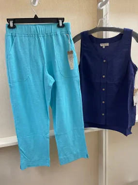 Cotton Slub Pocket Capri in Turquoise