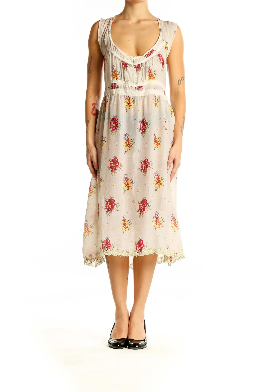 Cream Floral Midi Dress