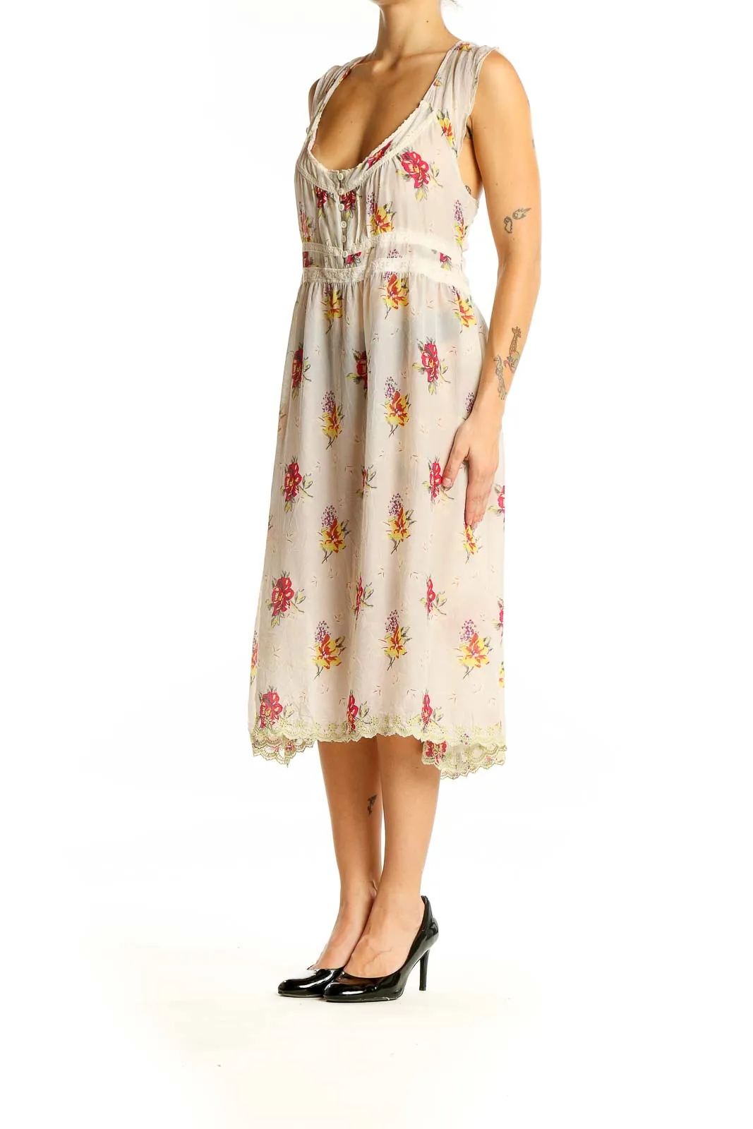 Cream Floral Midi Dress