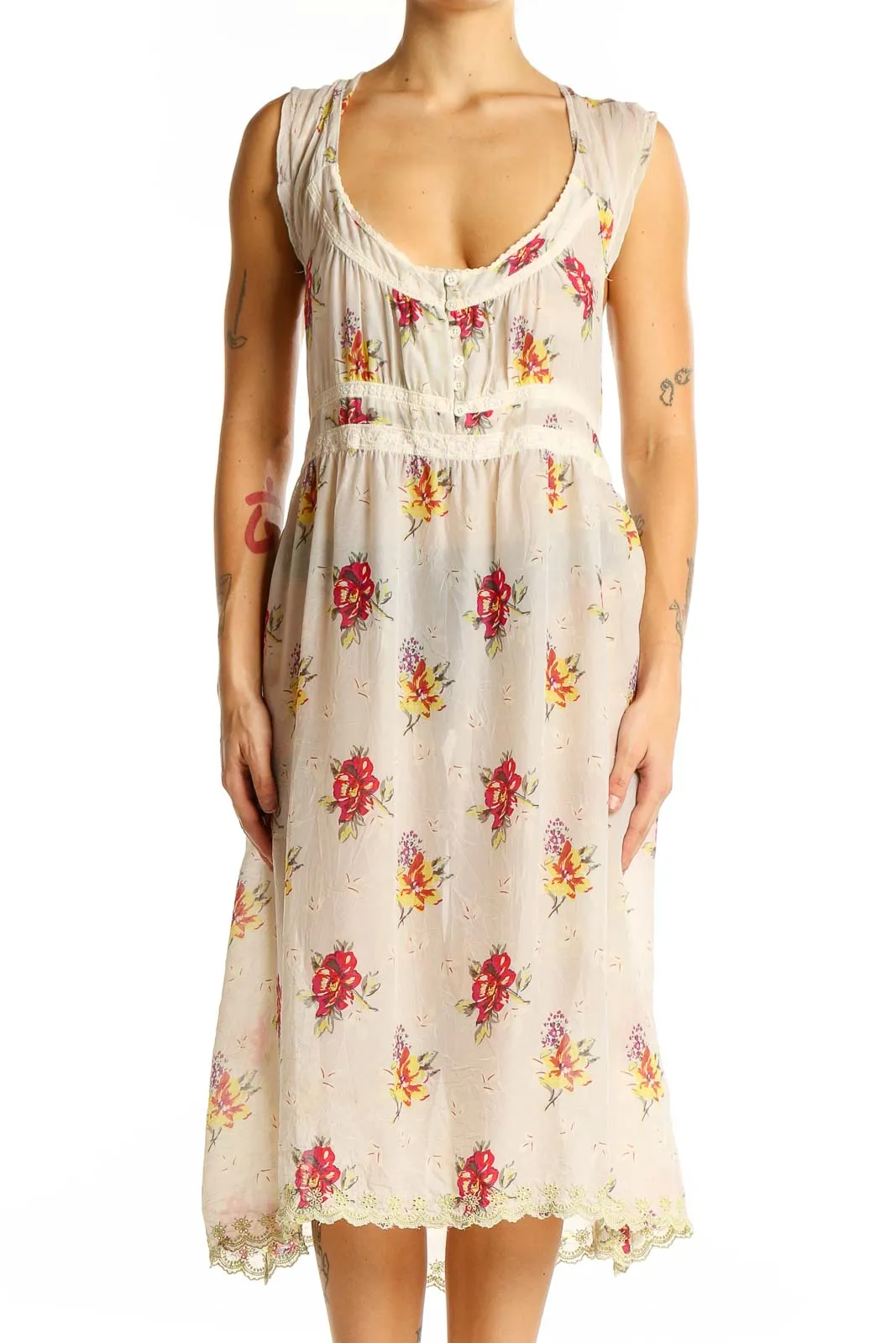 Cream Floral Midi Dress