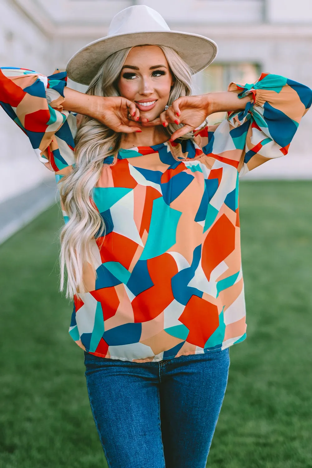 Crewneck Ruffled Puff Sleeve Blouse