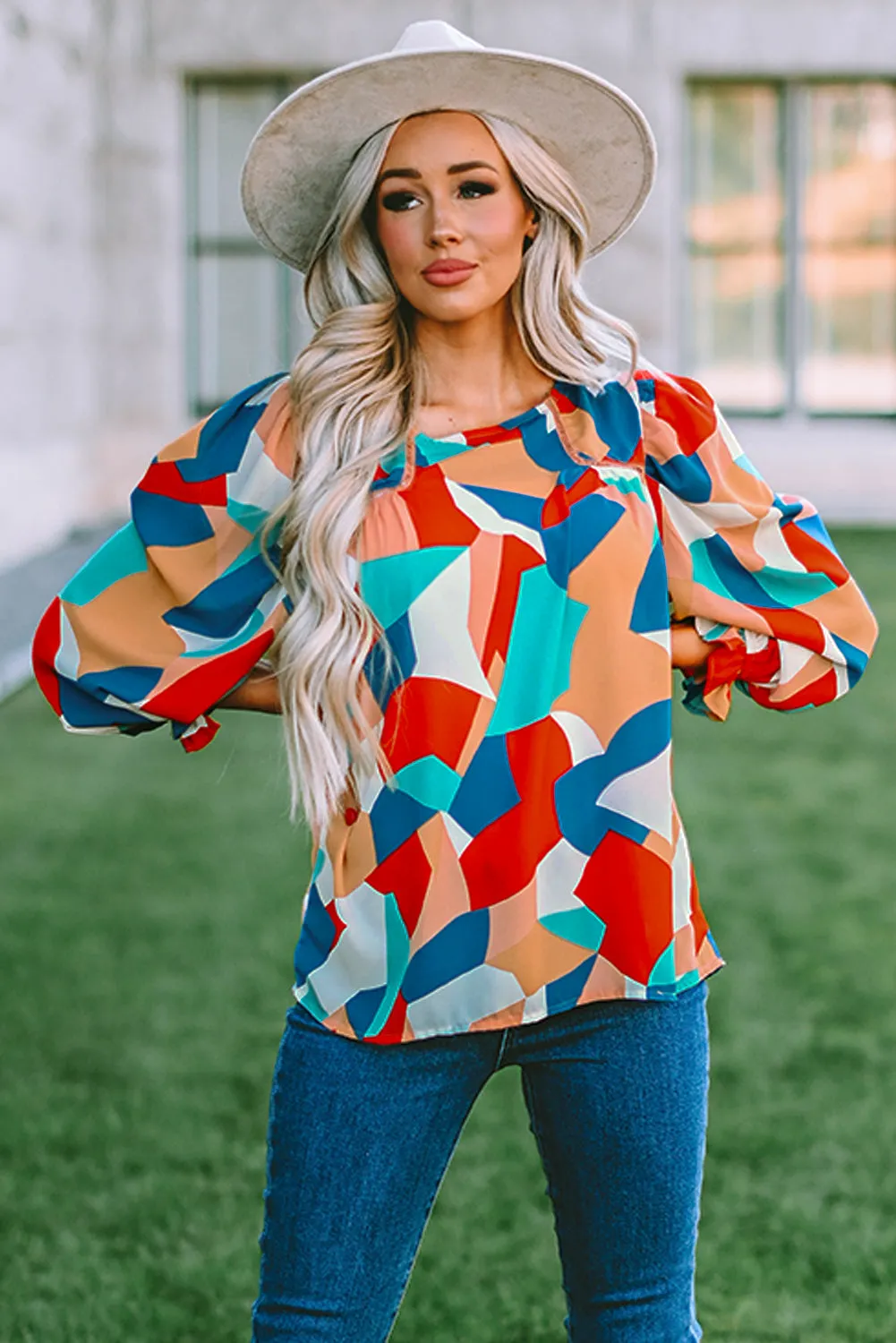 Crewneck Ruffled Puff Sleeve Blouse