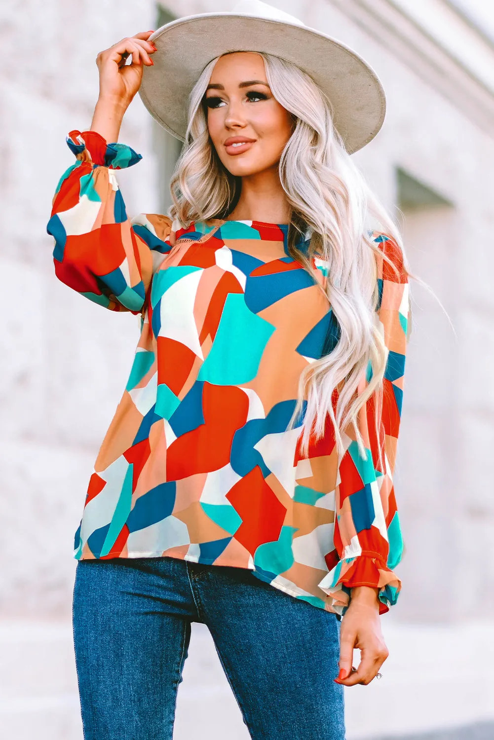 Crewneck Ruffled Puff Sleeve Blouse