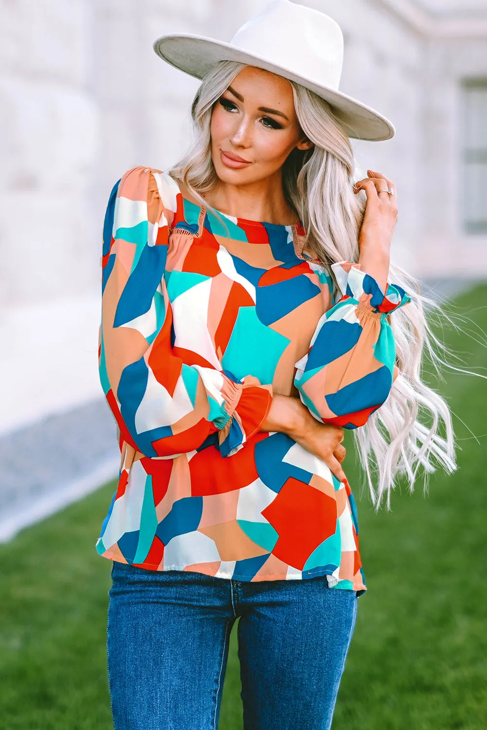 Crewneck Ruffled Puff Sleeve Blouse