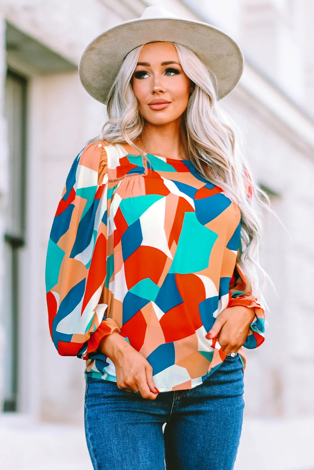 Crewneck Ruffled Puff Sleeve Blouse