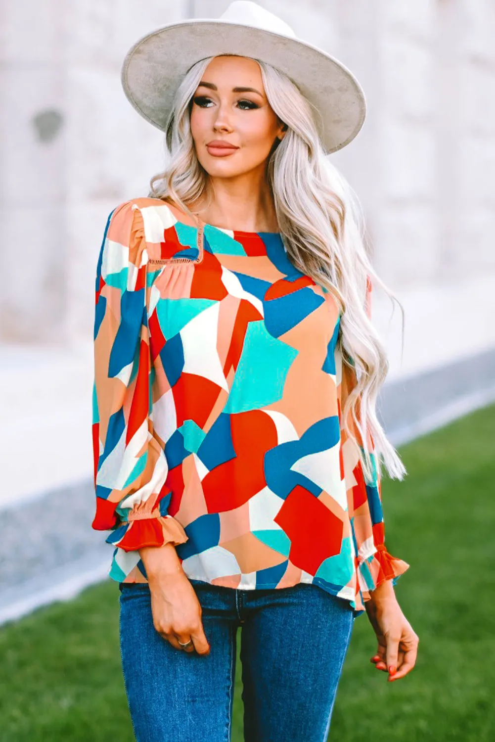 Crewneck Ruffled Puff Sleeve Blouse