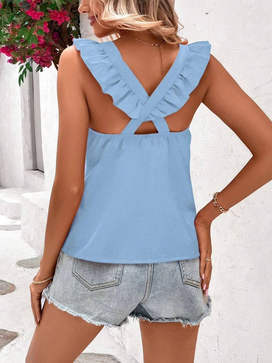 Crisscross Back Ruffled Round Neck Cap Sleeve Blouse