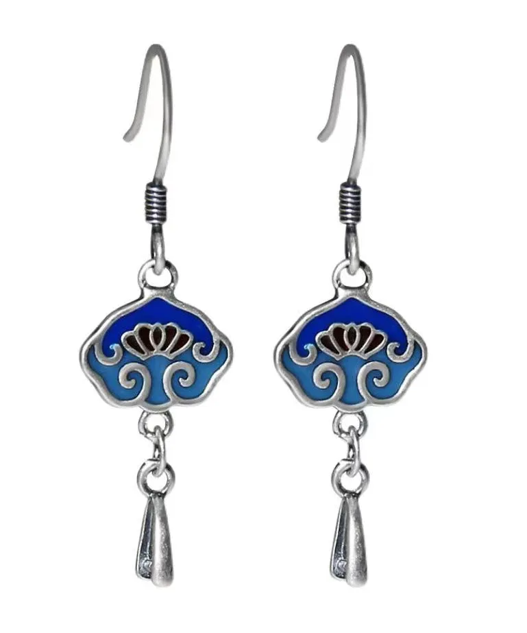 DIY Vintage Blue Floral Patchwork Silver Drop Earrings LY9192