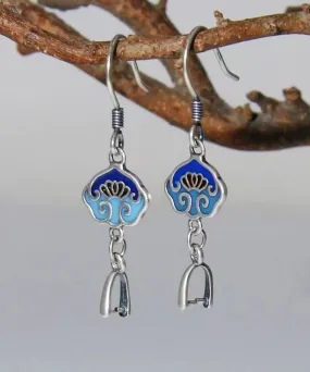 DIY Vintage Blue Floral Patchwork Silver Drop Earrings LY9192