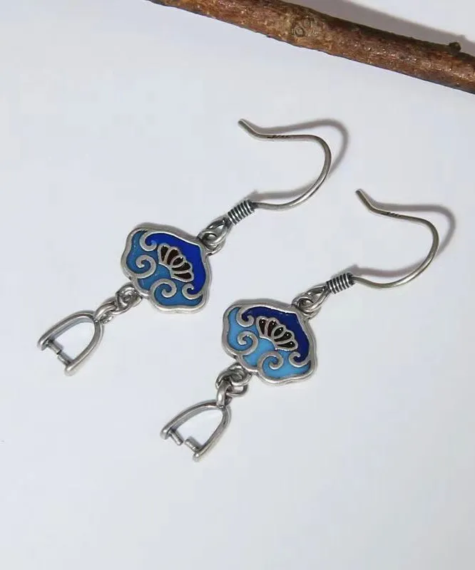 DIY Vintage Blue Floral Patchwork Silver Drop Earrings LY9192