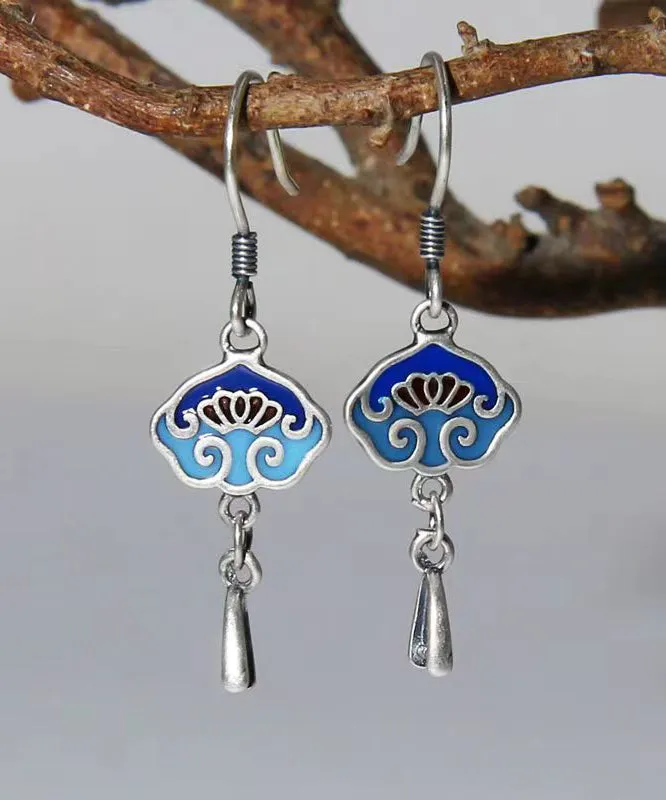 DIY Vintage Blue Floral Patchwork Silver Drop Earrings LY9192