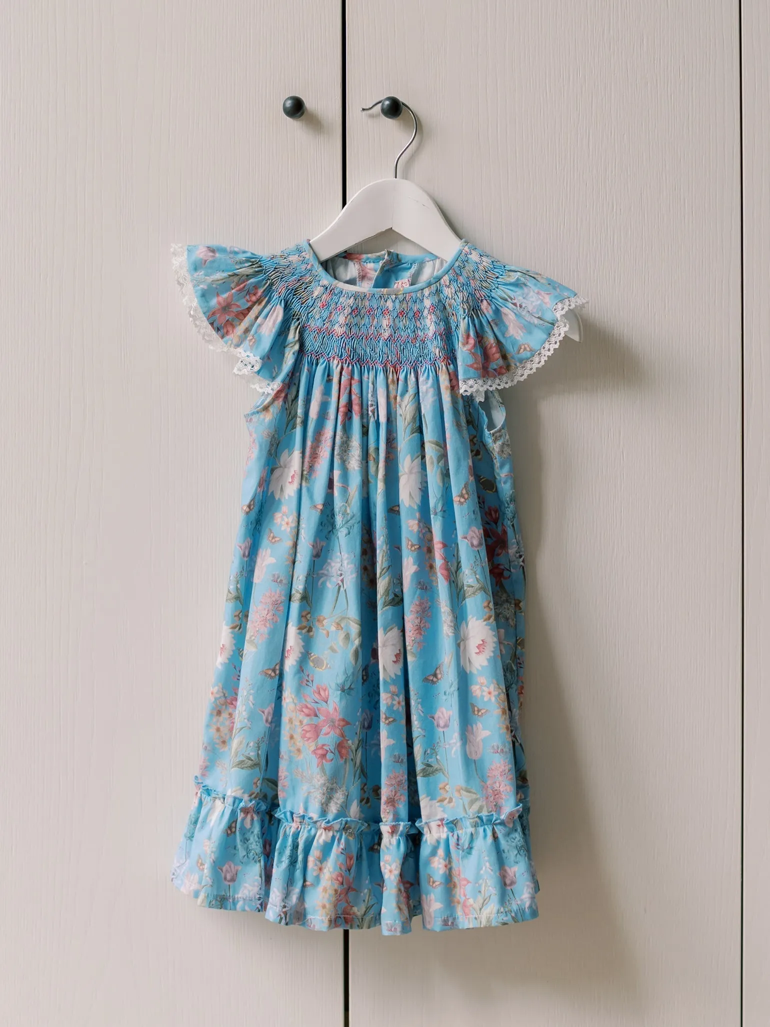 Dusty Blue Floral Dhalia Girl Hand-Smocked Dress