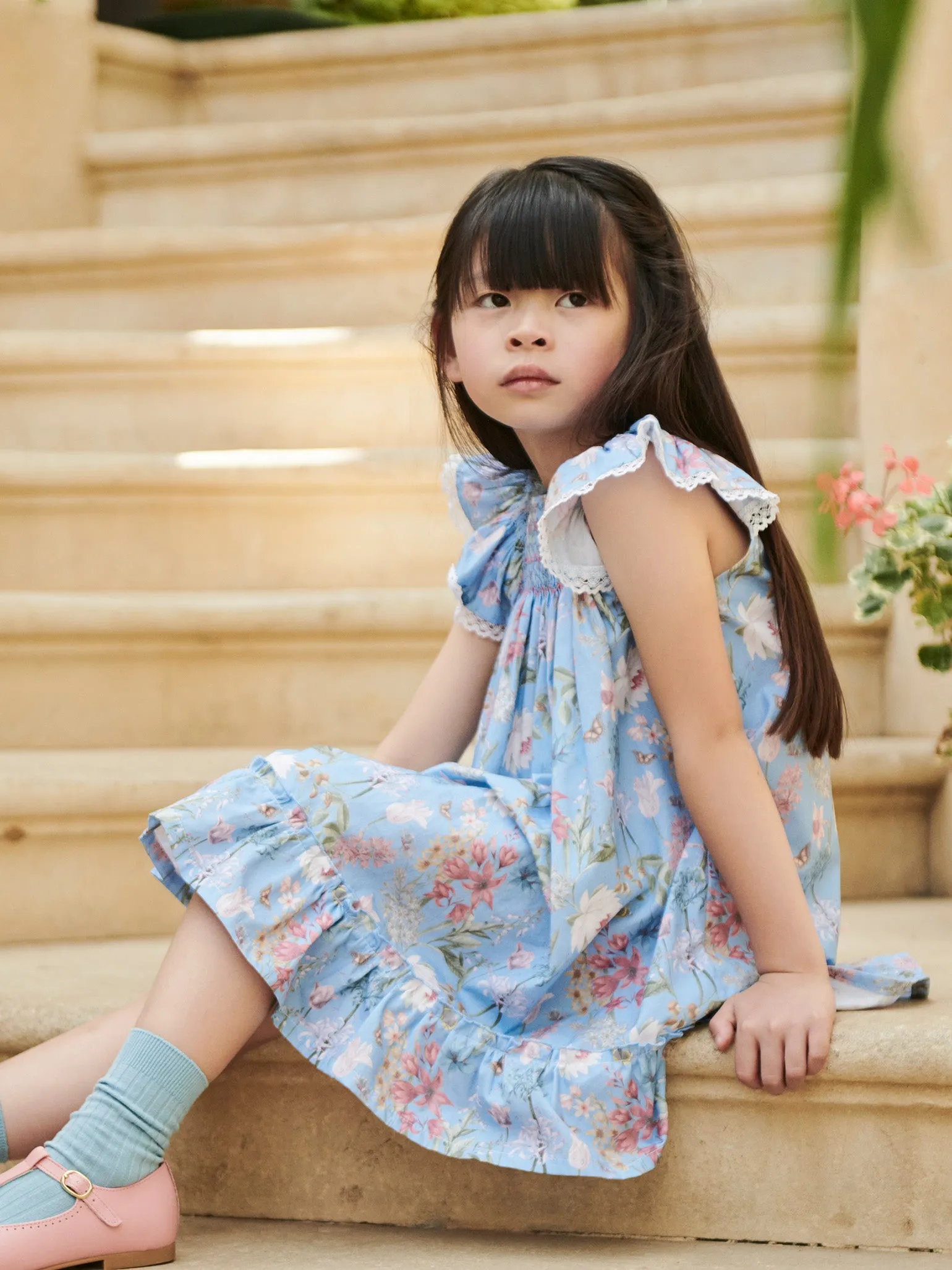 Dusty Blue Floral Dhalia Girl Hand-Smocked Dress