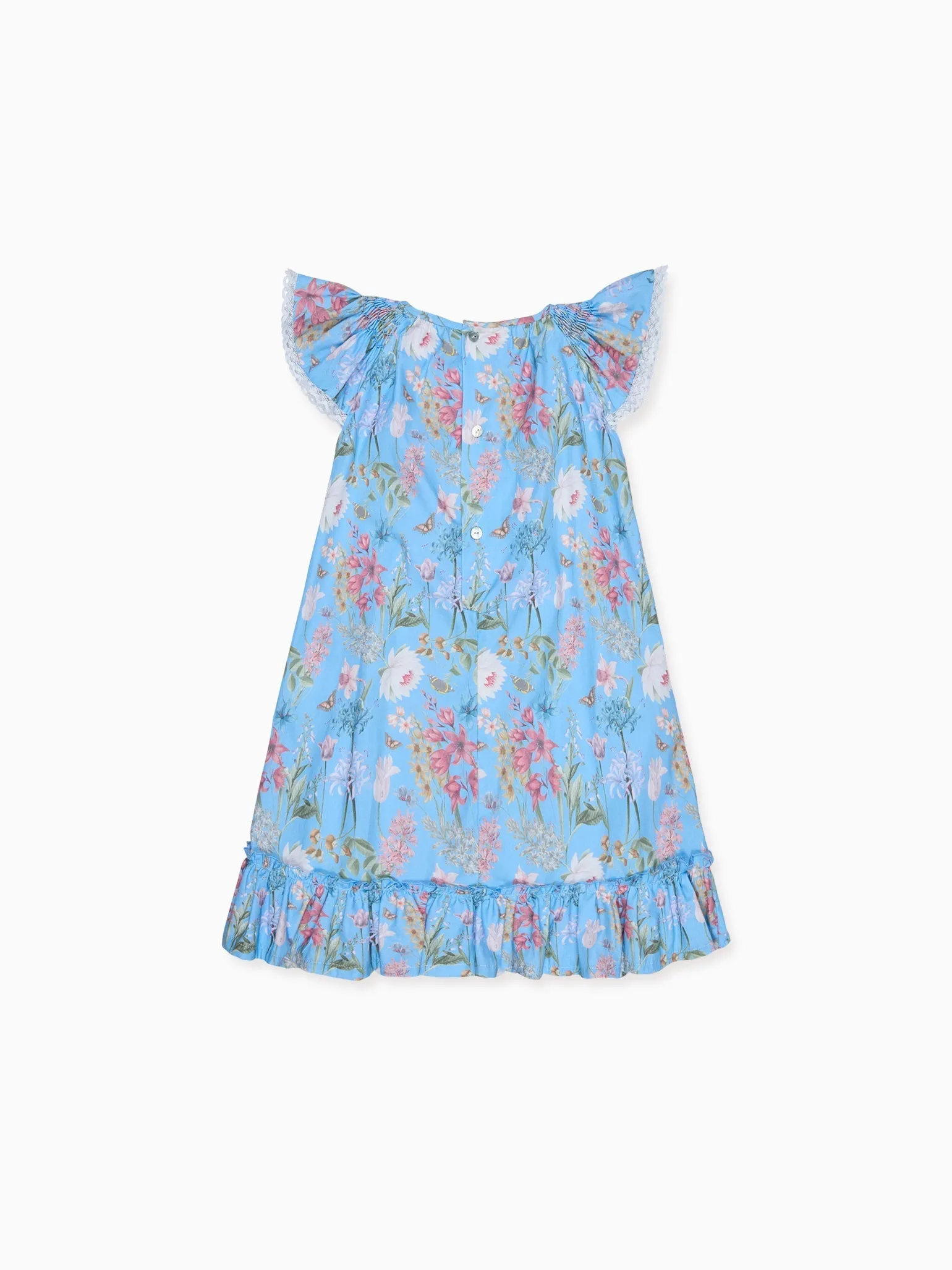 Dusty Blue Floral Dhalia Girl Hand-Smocked Dress