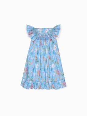 Dusty Blue Floral Dhalia Girl Hand-Smocked Dress