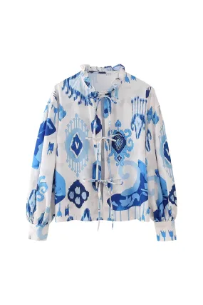 'Ella' Tie Printed Long Sleeved Blouse