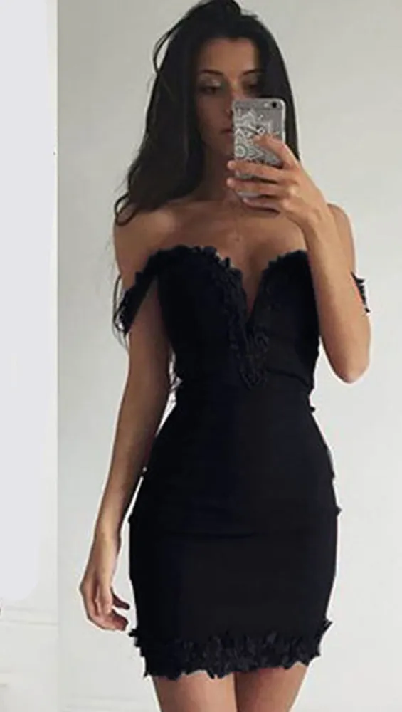 Emanuela Off The Shoulder Floral Lace Trim Bodycon Mini Black