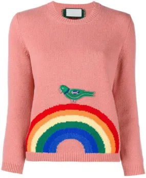 Embroidered Rainbow Knit Sweater in Pink