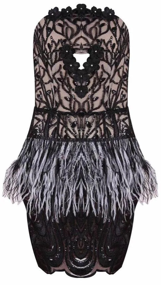 Floral Appliques Feather Embellished Strapless Mini Dress