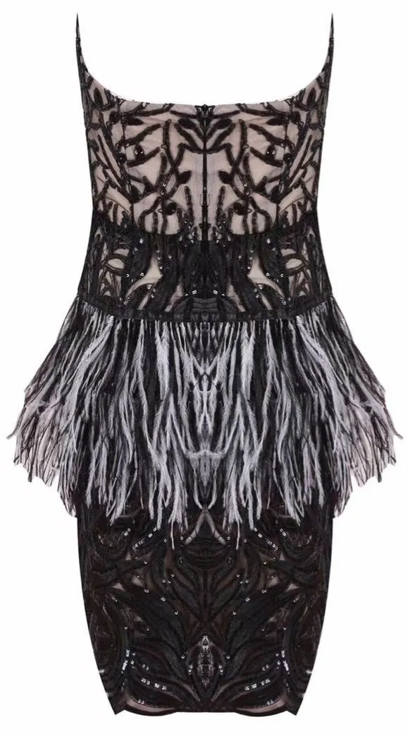 Floral Appliques Feather Embellished Strapless Mini Dress