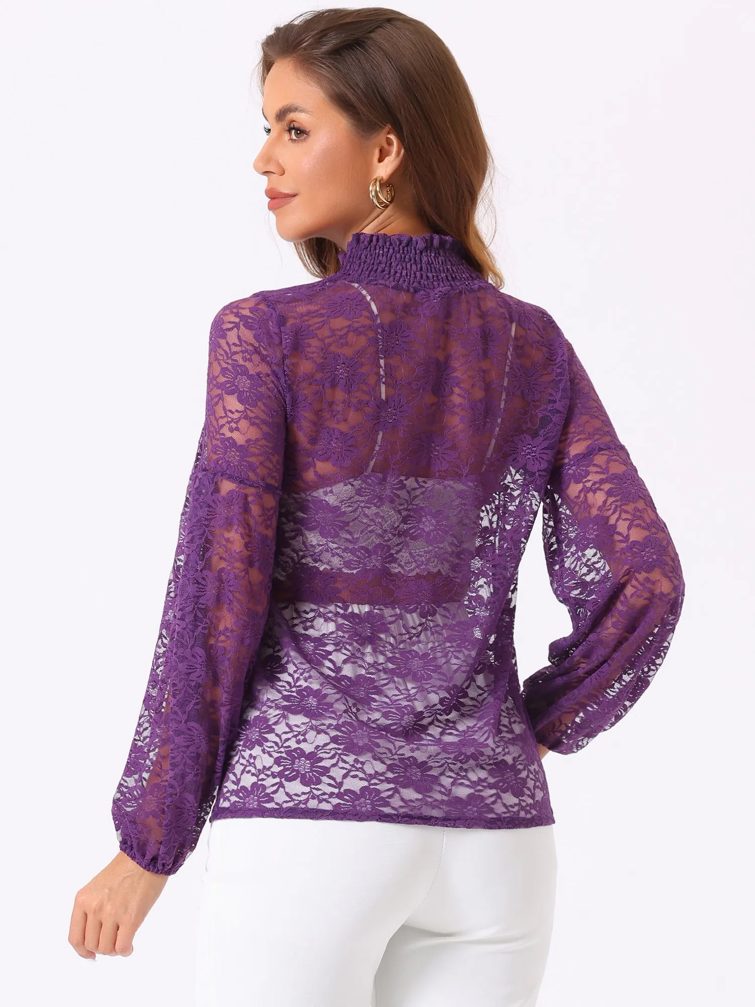 Floral Lace Top Turtleneck Puff Long Sleeve See Through Sheer Blouse