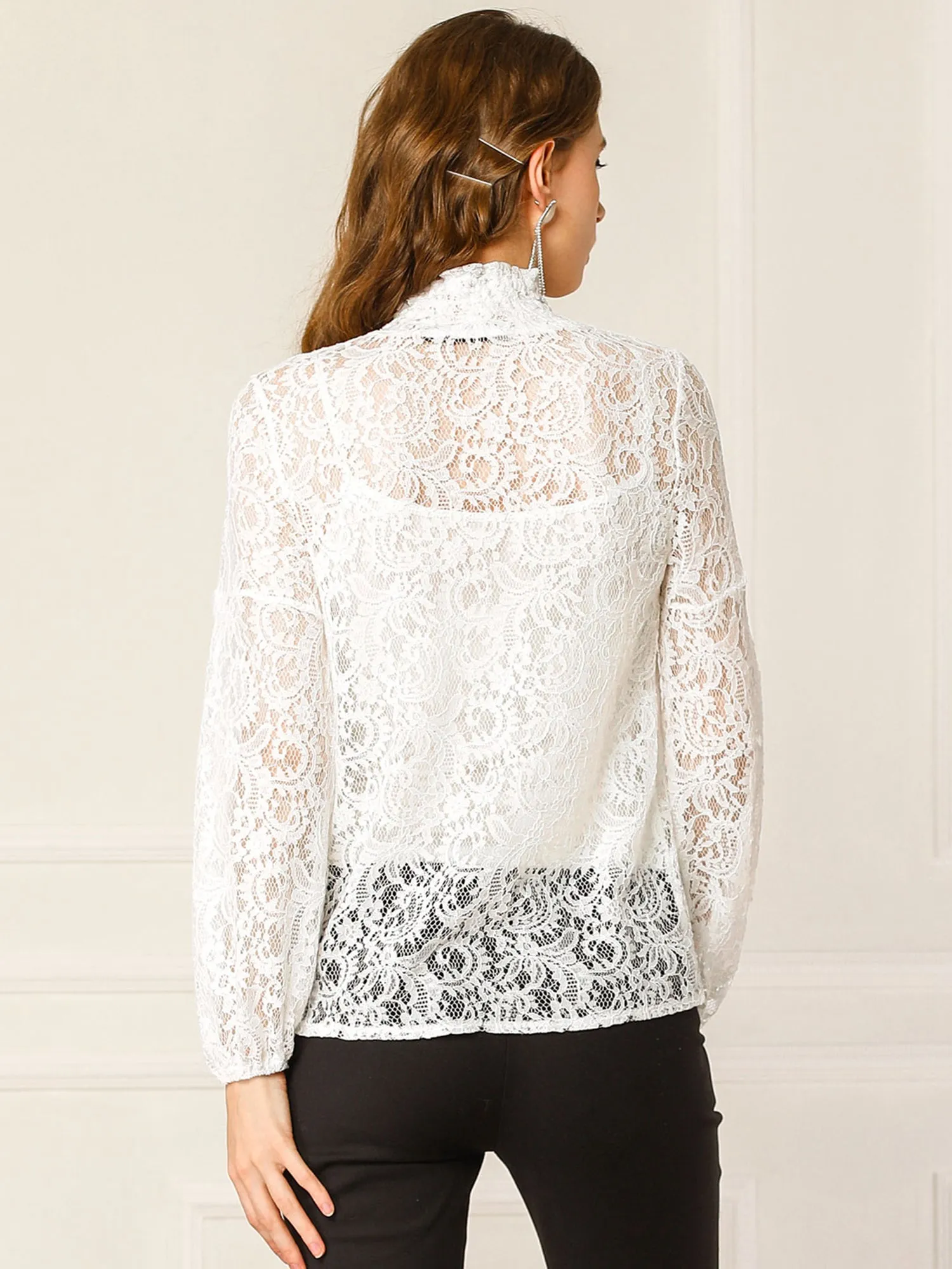 Floral Lace Top Turtleneck Puff Long Sleeve See Through Sheer Blouse