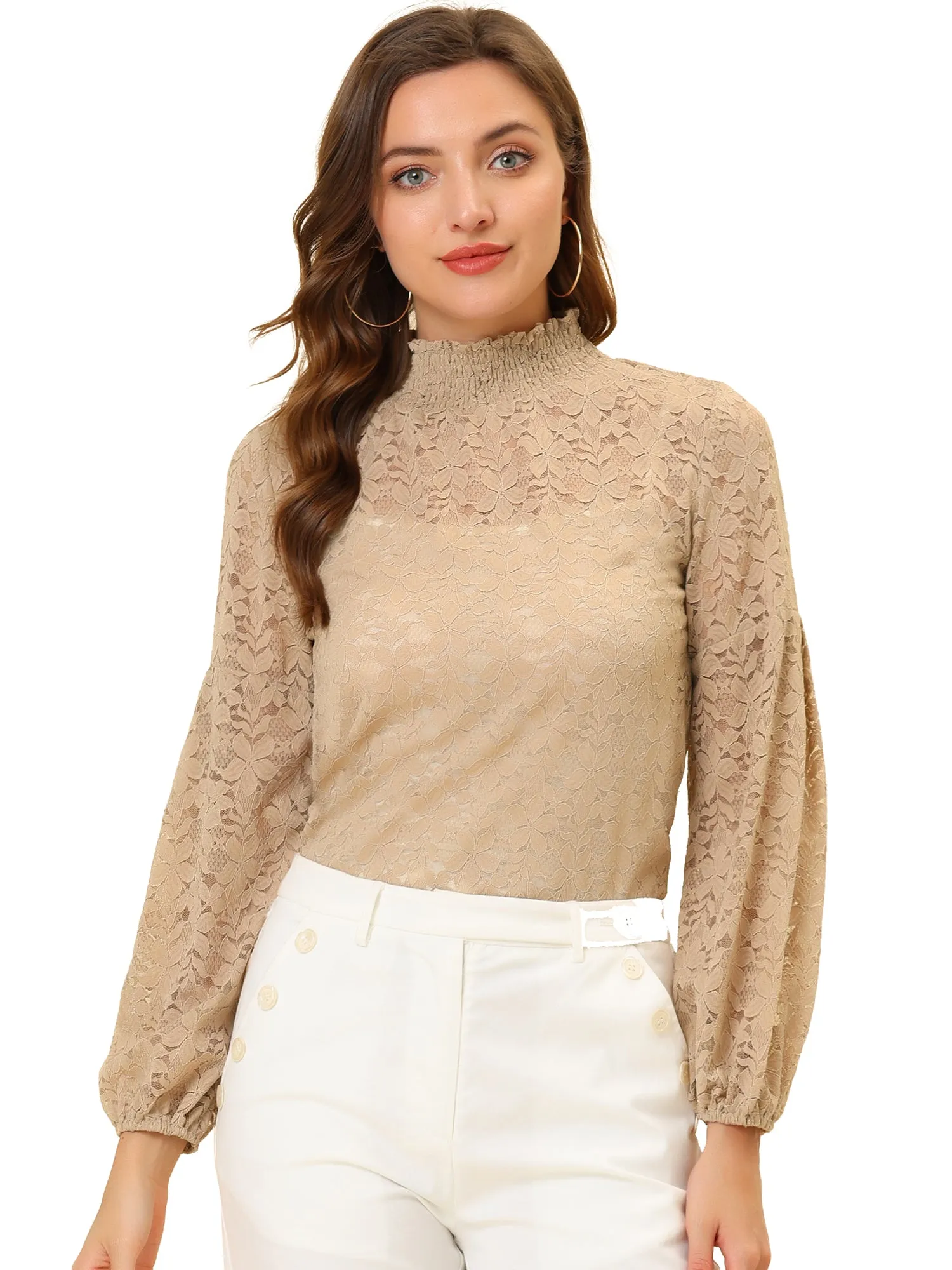 Floral Lace Top Turtleneck Puff Long Sleeve See Through Sheer Blouse