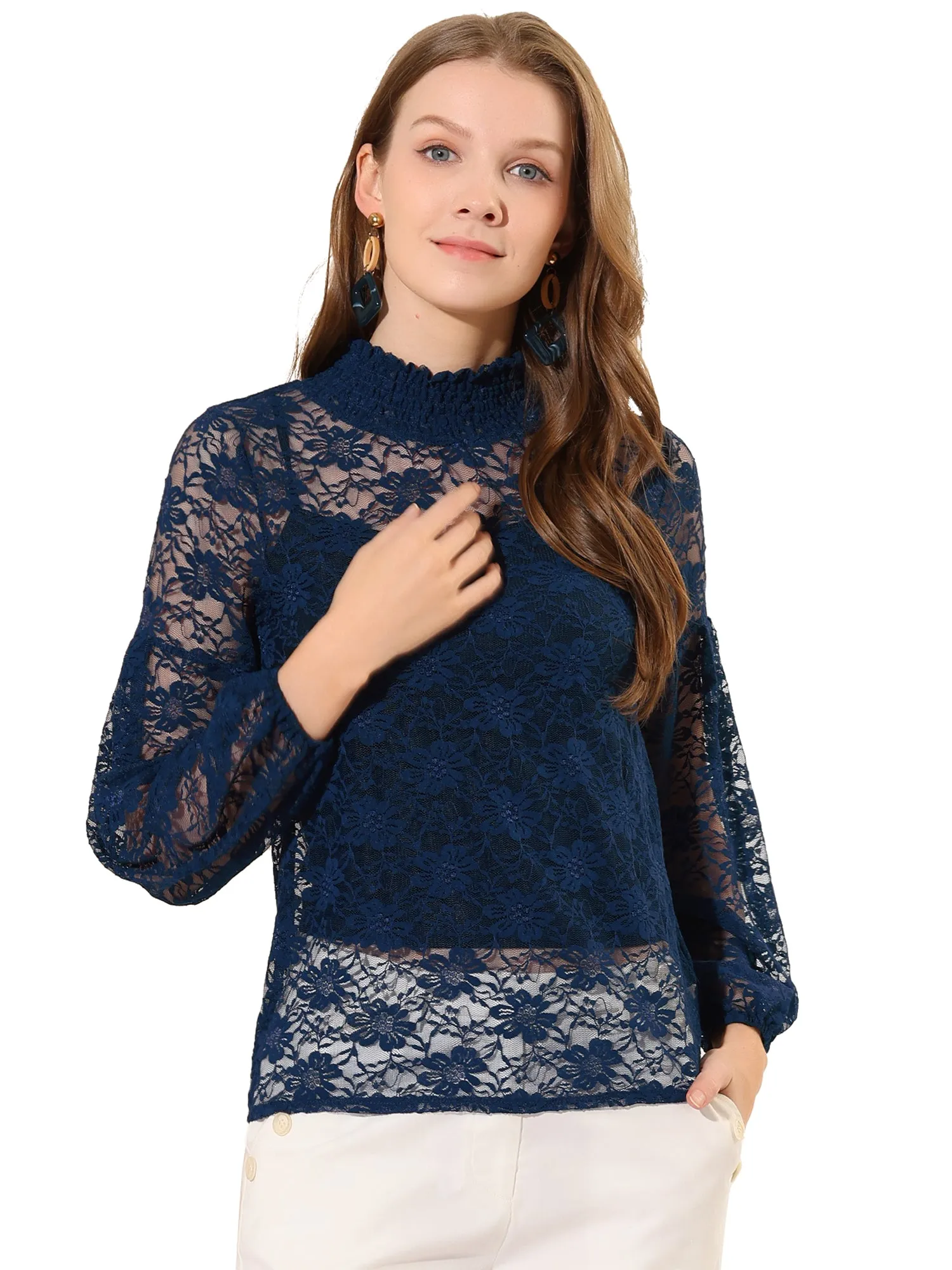 Floral Lace Top Turtleneck Puff Long Sleeve See Through Sheer Blouse