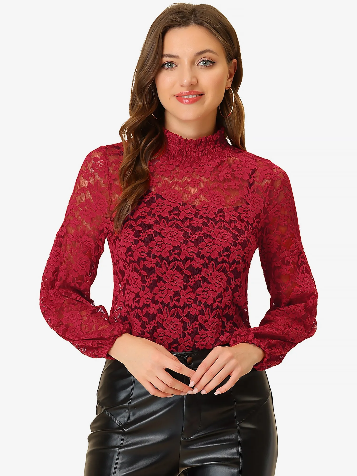 Floral Lace Top Turtleneck Puff Long Sleeve See Through Sheer Blouse