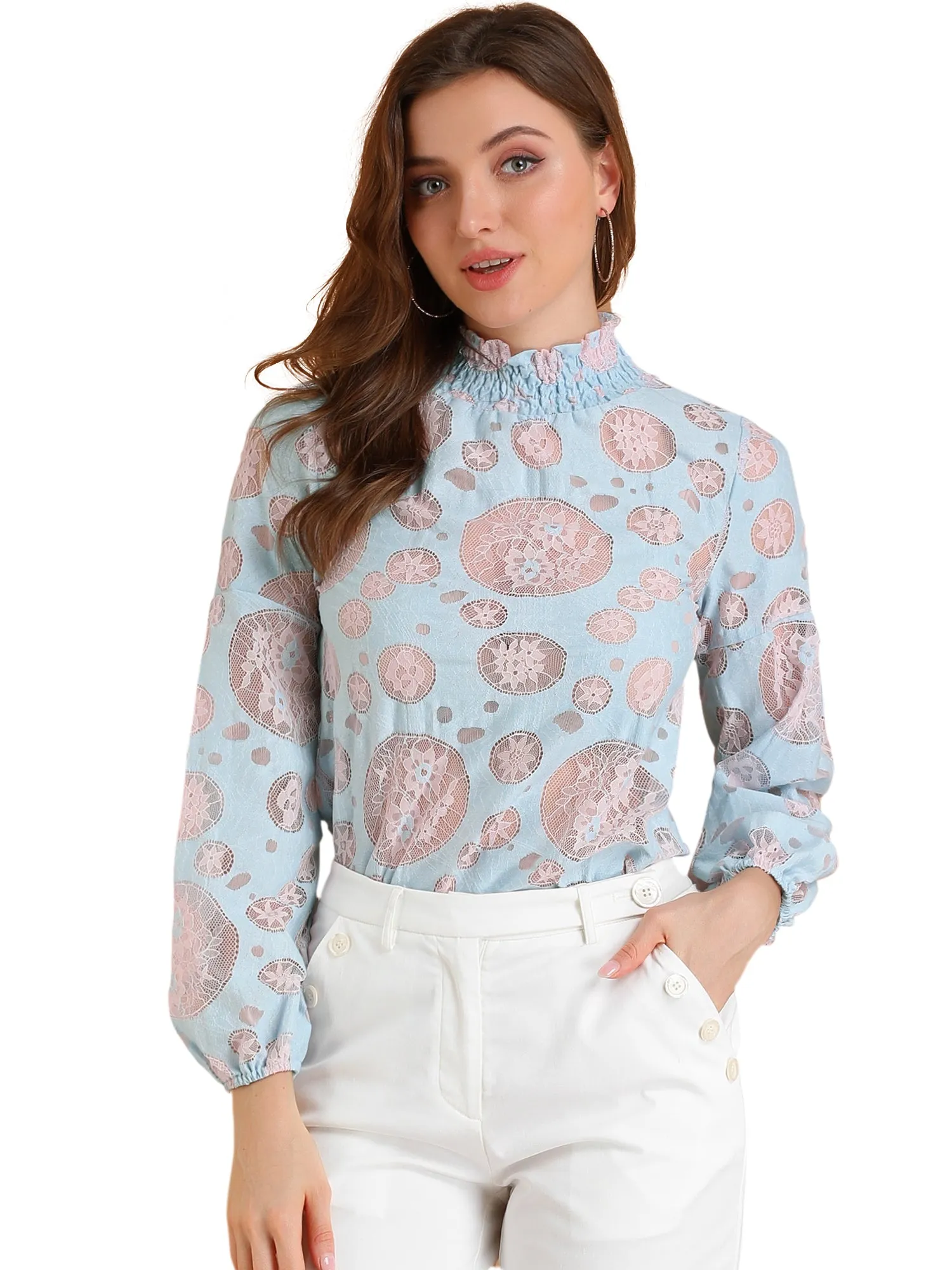 Floral Lace Top Turtleneck Puff Long Sleeve See Through Sheer Blouse