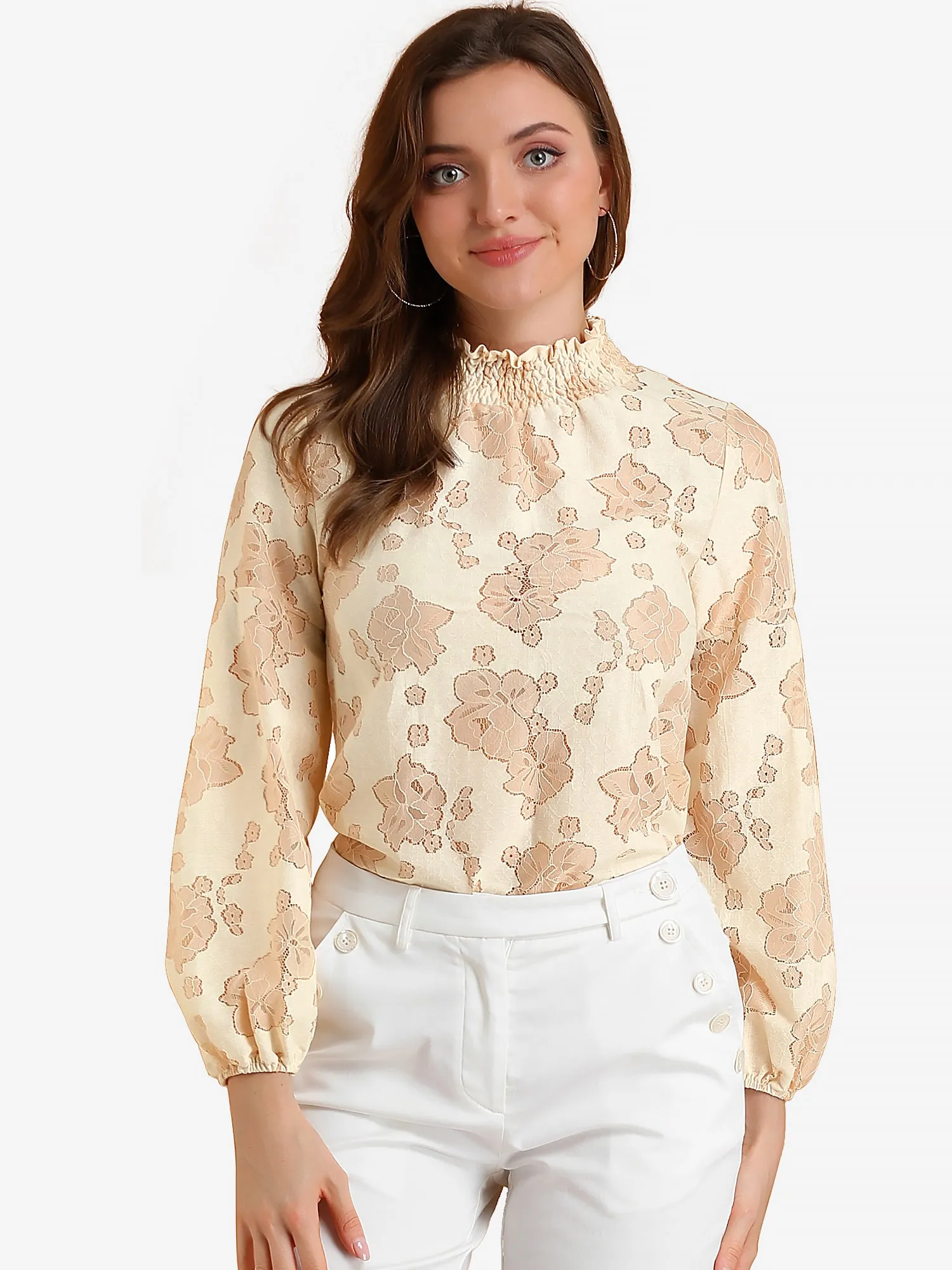 Floral Lace Top Turtleneck Puff Long Sleeve See Through Sheer Blouse