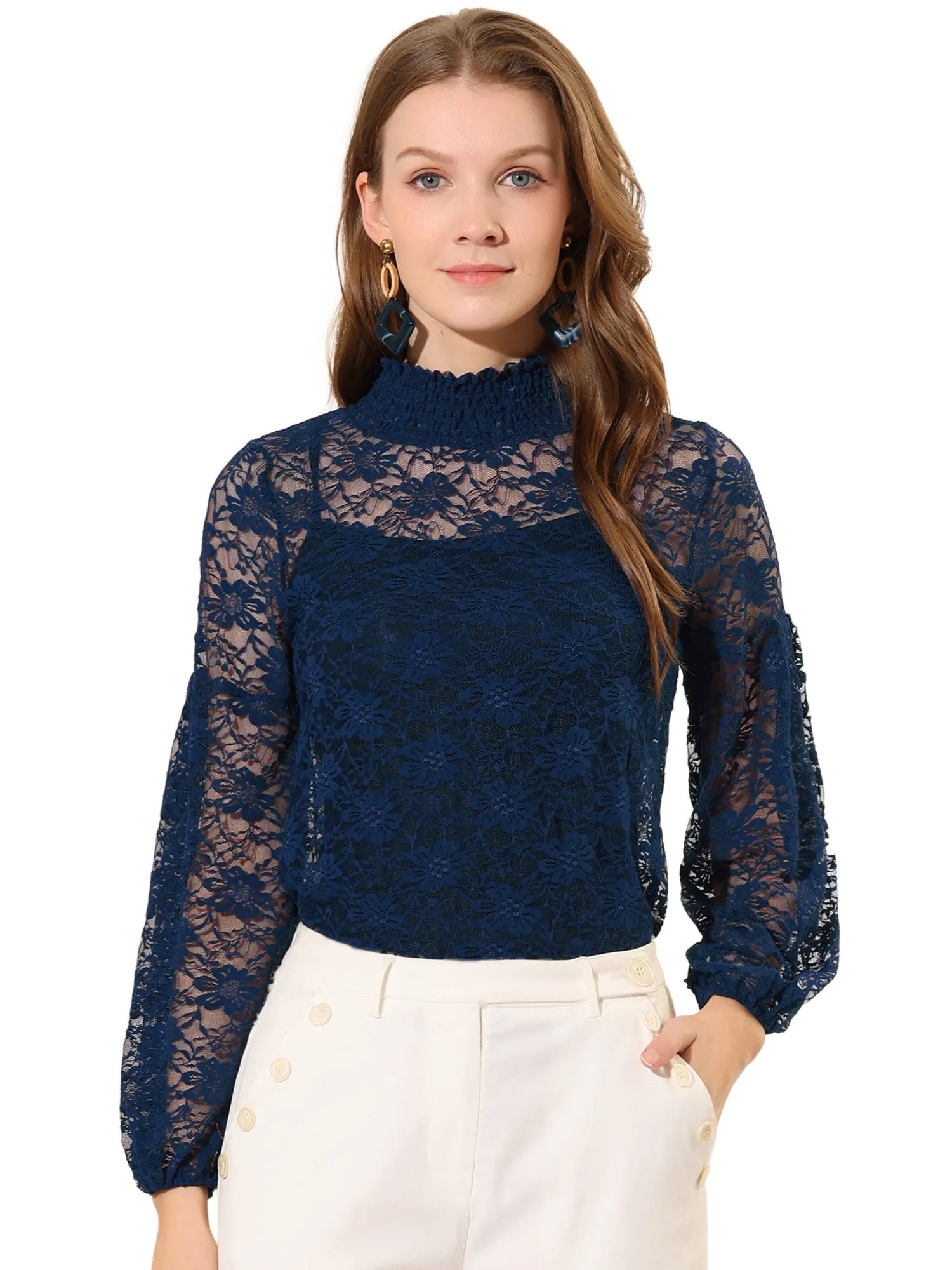 Floral Lace Top Turtleneck Puff Long Sleeve See Through Sheer Blouse