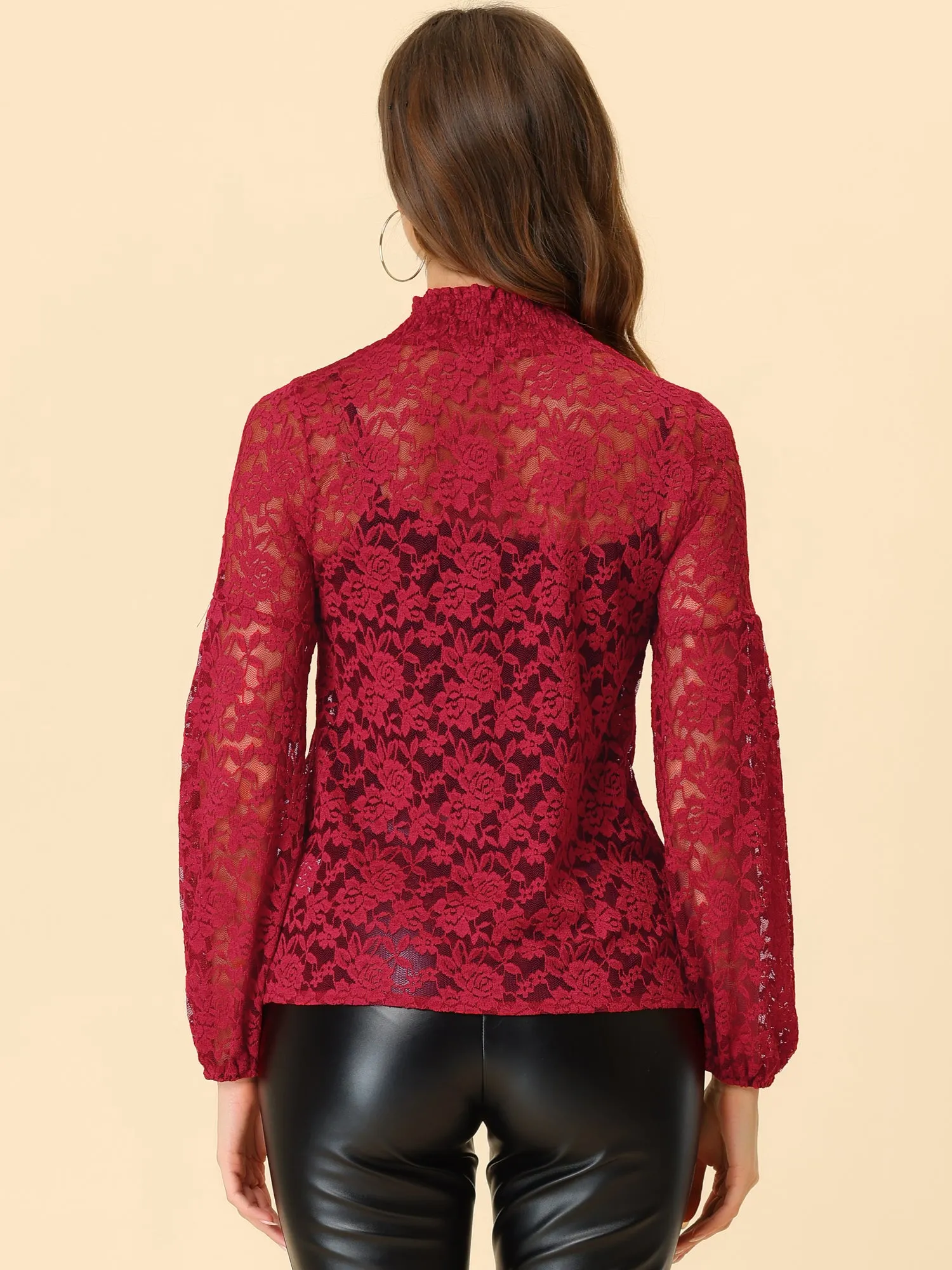 Floral Lace Top Turtleneck Puff Long Sleeve See Through Sheer Blouse