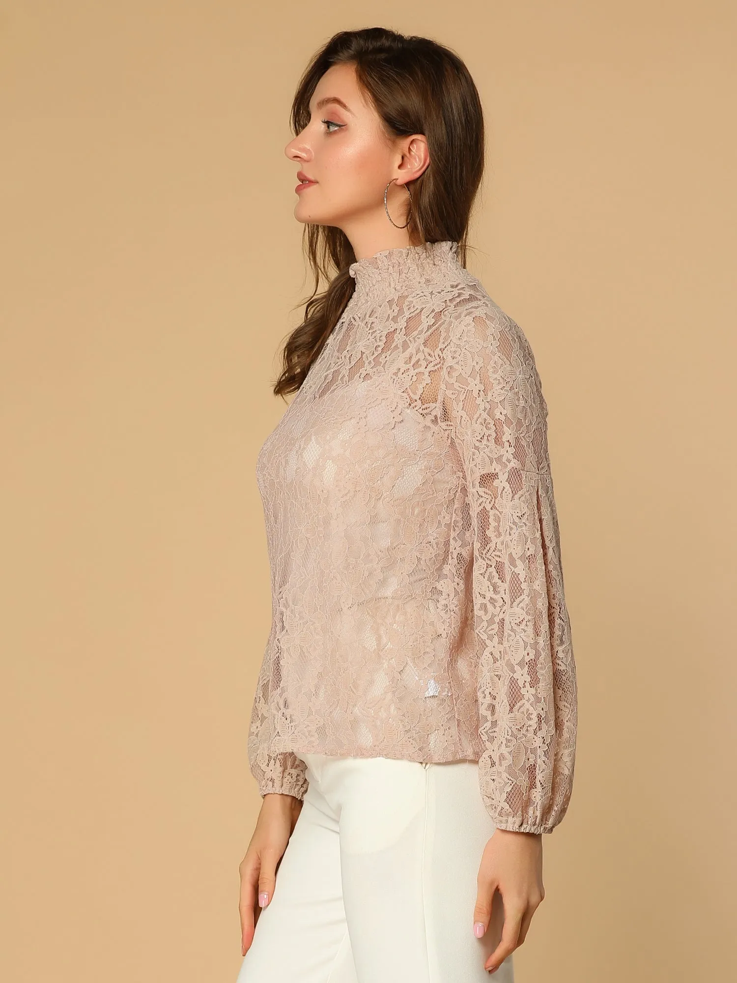 Floral Lace Top Turtleneck Puff Long Sleeve See Through Sheer Blouse