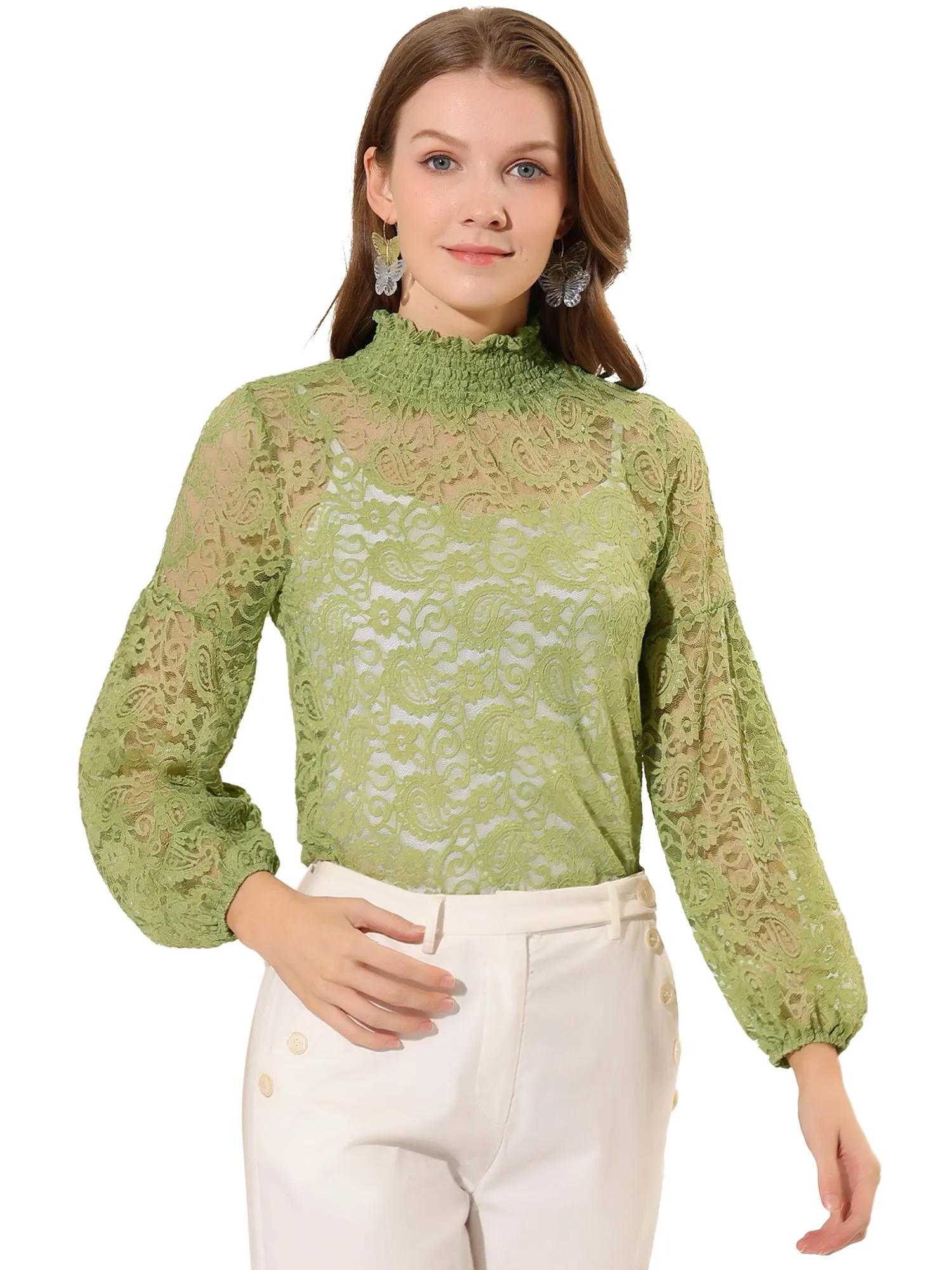 Floral Lace Top Turtleneck Puff Long Sleeve See Through Sheer Blouse