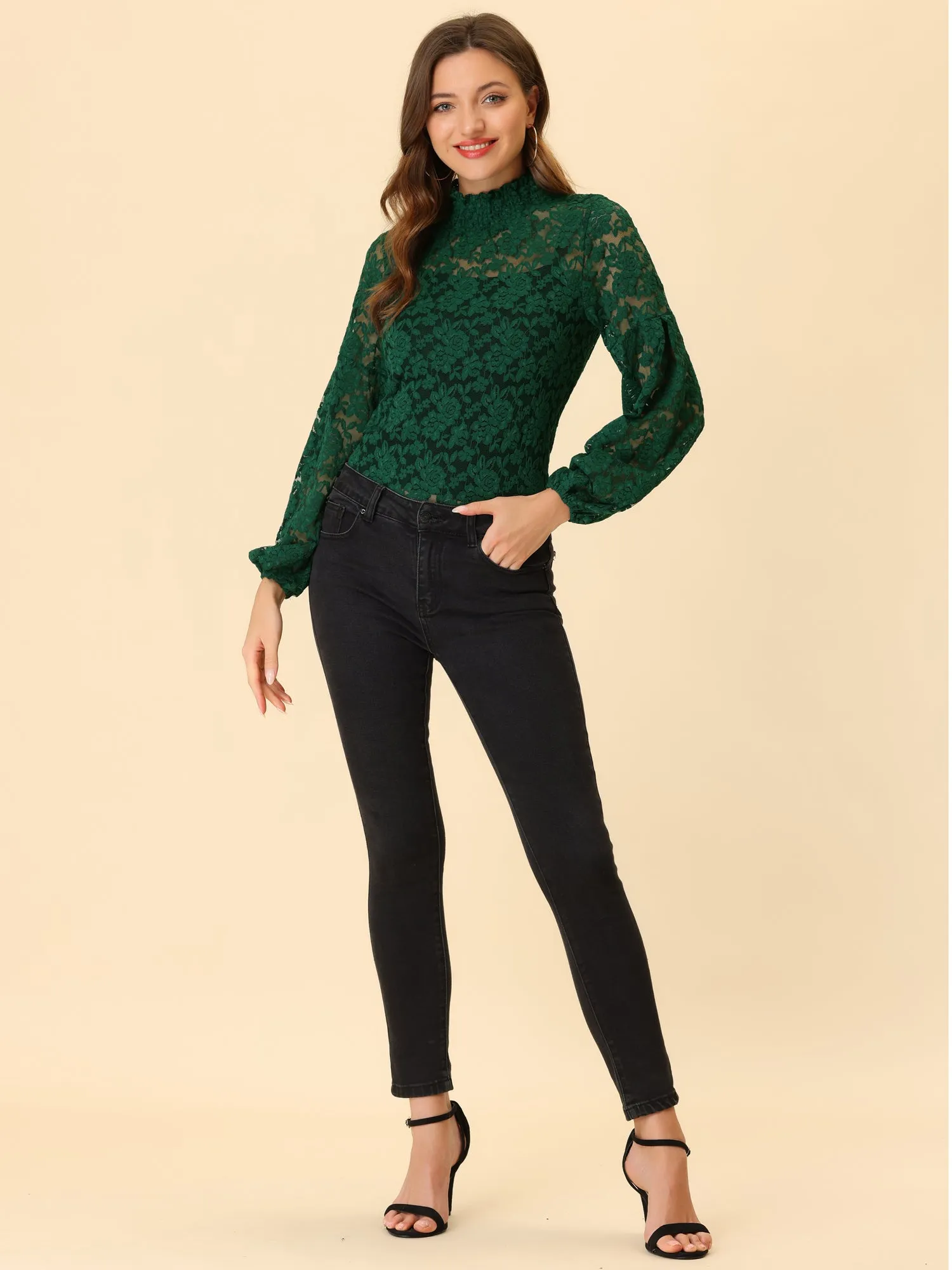 Floral Lace Top Turtleneck Puff Long Sleeve See Through Sheer Blouse