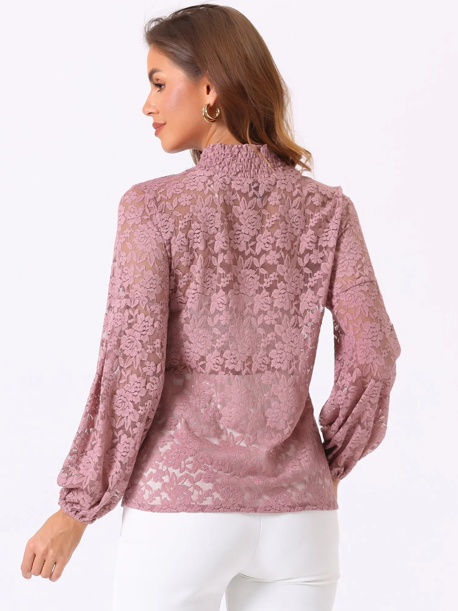 Floral Lace Top Turtleneck Puff Long Sleeve See Through Sheer Blouse