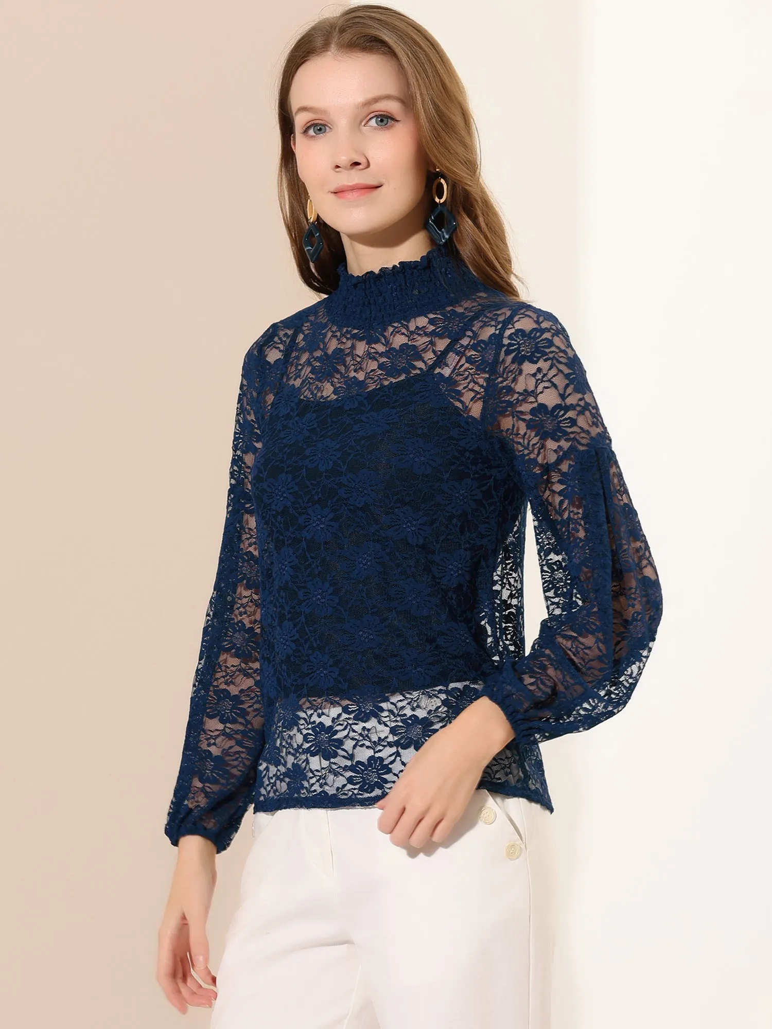 Floral Lace Top Turtleneck Puff Long Sleeve See Through Sheer Blouse