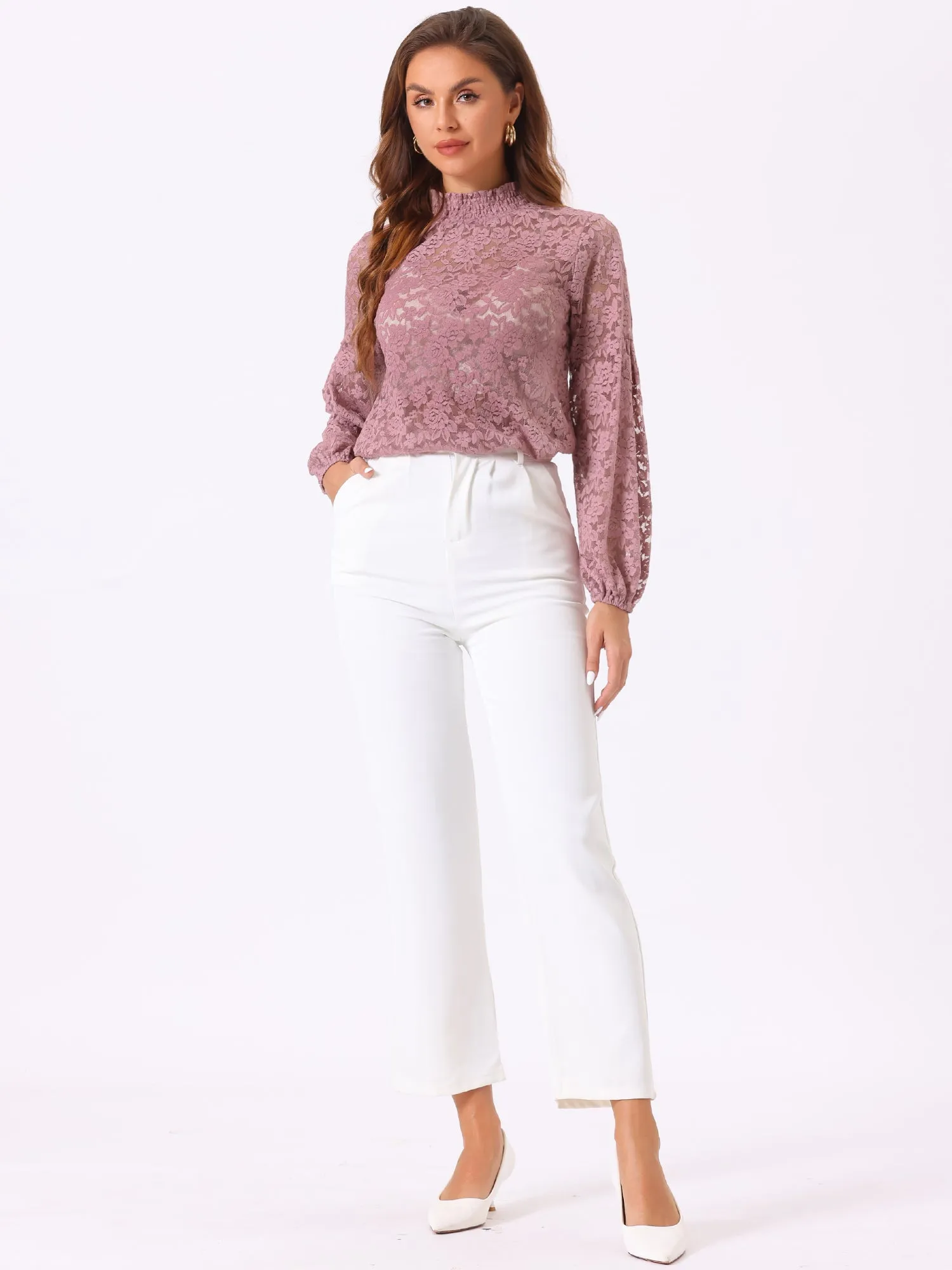 Floral Lace Top Turtleneck Puff Long Sleeve See Through Sheer Blouse